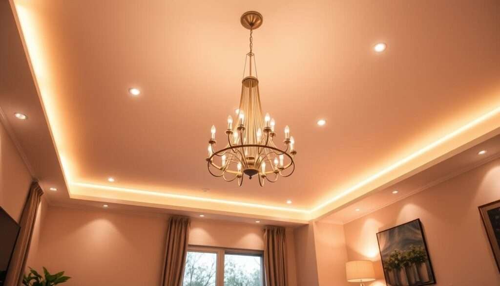 A cozy living room with ambient lighting, illuminating the space with a warm and inviting glow. The room is bathed in soft, diffused light from a large, modern chandelier suspended from the high ceiling, casting a gentle, even illumination across the space. Recessed lights in the ceiling provide additional task lighting, while cove lighting along the walls creates a subtle, soothing ambiance. The overall effect is one of tranquility and relaxation, with a focus on creating a harmonious, atmospheric environment.