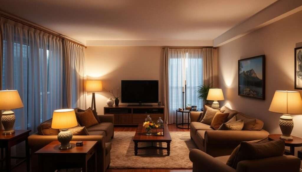 A cozy living room with soft, ambient lighting. Warm, inviting atmosphere with a mix of floor lamps, table lamps, and subtle overhead lighting, creating a well-lit, yet intimate space. Wooden furniture, plush fabrics, and earthy tones throughout. Indirect lighting from behind and above, diffused through sheer curtains, casting a gentle glow. Spotlights highlight key areas, like a reading nook or a decorative centerpiece. The lighting design balances functionality and ambiance, creating a harmonious, relaxing environment perfect for a cozy evening.