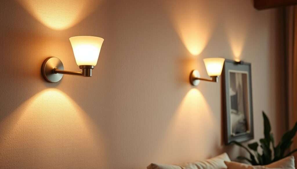 A cozy living room with warm, inviting wall sconces casting a soft, ambient glow. Elegant, modern fixtures with brushed metal finishes and white glass shades mounted on a textured, neutral-colored wall. The sconces are positioned to illuminate specific areas, adding depth and layered lighting to the space. The soft, diffused illumination creates a calming, relaxing atmosphere, perfect for a cozy evening at home. The sconces are the focal point, drawing the eye and complementing the other lighting elements in the room. A high-quality, artfully-composed image that showcases the beauty and functionality of these versatile accent lighting fixtures.