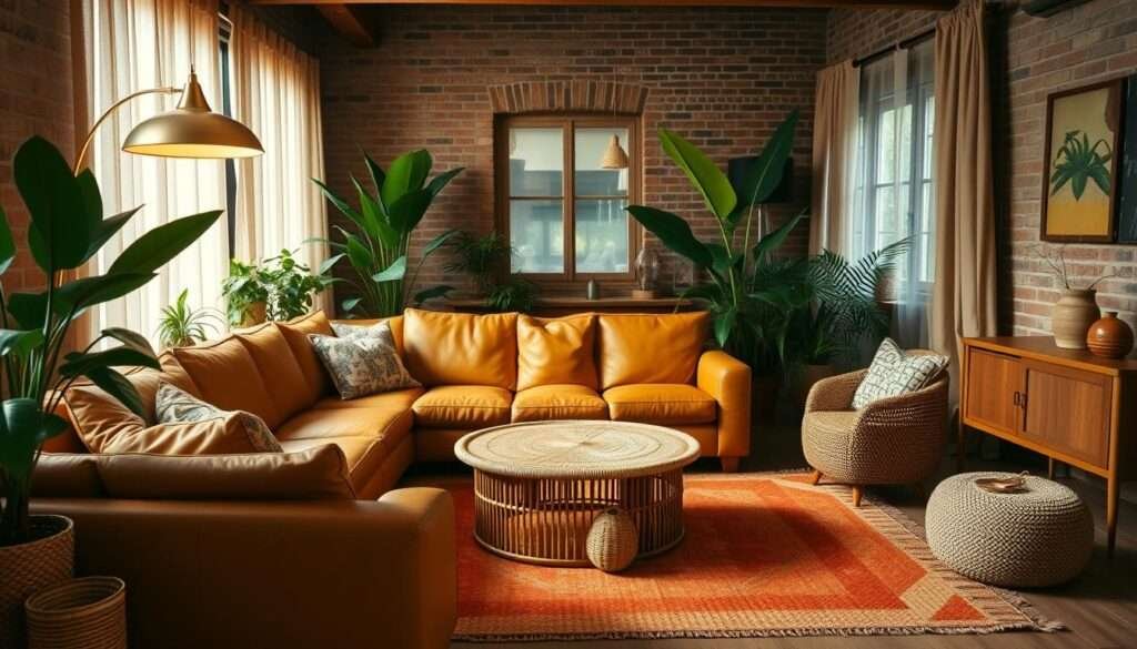 A cozy midcentury boho living room with warm, earthy tones. In the foreground, a plush, curved sectional sofa in a rich camel leather, paired with a round, rattan coffee table. Indirect lighting from a brass arc lamp casts a soft glow, creating an inviting atmosphere. In the middle ground, a colorful woven rug in shades of terracotta and ochre defines the seating area. The background features exposed brick walls, lush potted plants, and a window framed by sheer, flowing curtains. The overall vibe is one of organic elegance, blending vintage and modern elements for a relaxed, bohemian feel.