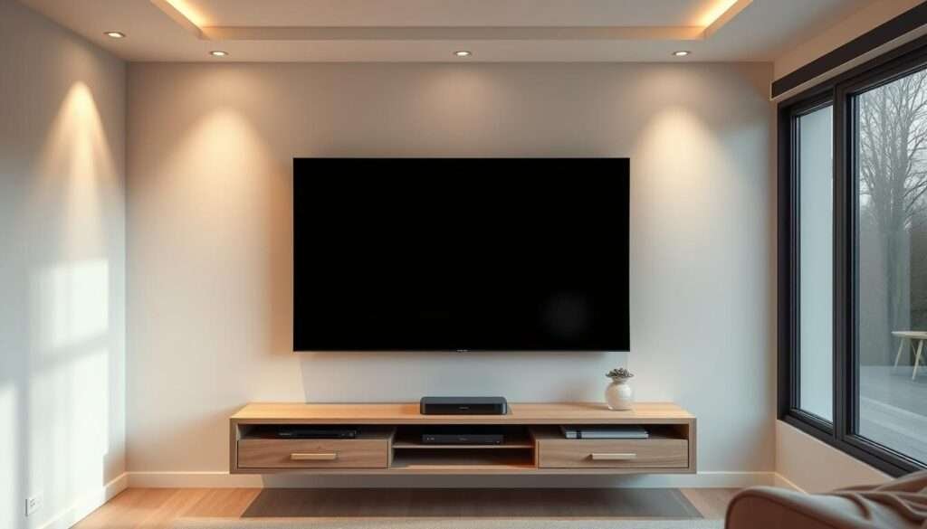 A cozy, minimalist TV setup in a small living space. A sleek, wall-mounted TV against a serene, neutral-toned wall, complemented by a low, floating media console in light wood. Soft, diffused lighting from concealed fixtures creates a warm, inviting ambiance. The setup is uncluttered, with only essential elements like a streaming device and perhaps a decorative object or two. The room has an airy, calming feel, with plenty of natural light filtering in through large windows, gently illuminating the clean, harmonious design. The overall impression is one of simplicity, functionality, and a serene, elevated aesthetic that enhances the living experience.