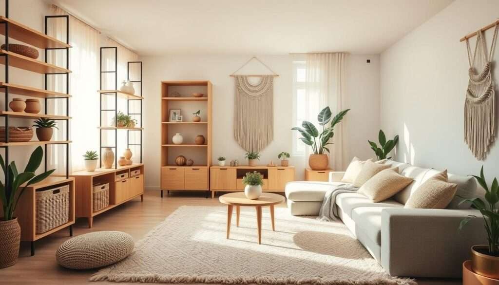 A cozy, minimalist boho living room with warm natural lighting filtering through sheer curtains. Sleek, blonde wood shelves and storage units line the walls, accented with woven baskets, potted plants, and decorative ceramics. The space feels open and uncluttered, yet thoughtfully curated. A plush, neutral-toned rug grounds the area, while textured throw pillows and a macrame wall hanging add subtle pops of color and texture. The overall aesthetic is calming, refined, and in harmony with the modern-boho style.