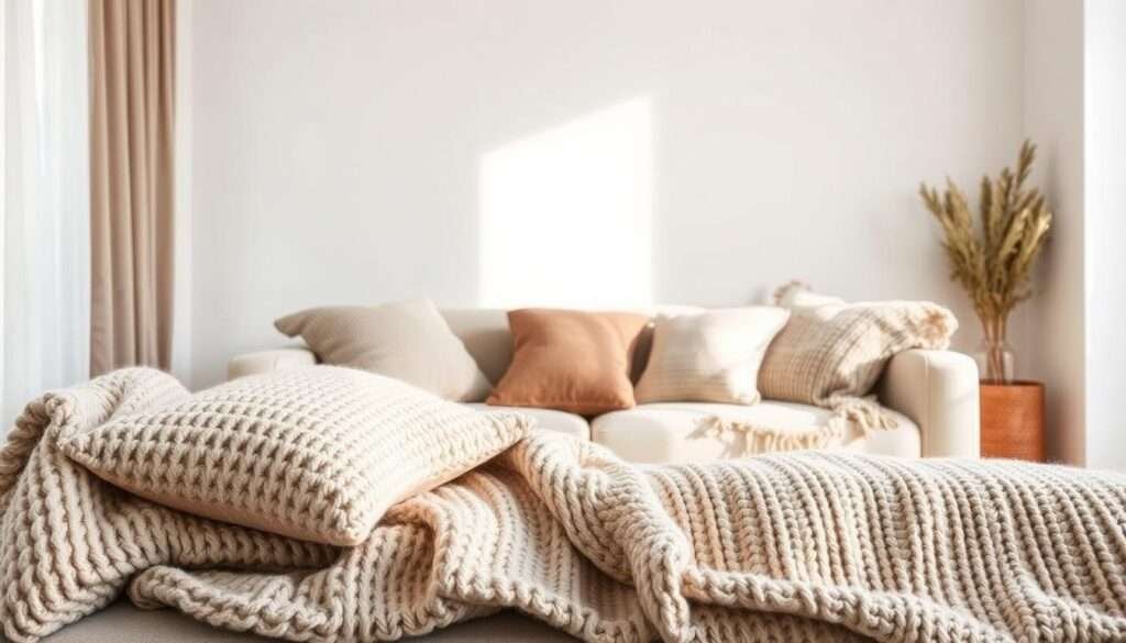 A cozy, minimalist living room adorned with plush, textural throws and pillows in muted hues. The soft, natural lighting filters through sheer curtains, casting a warm glow on the subtly patterned fabrics. In the foreground, a meticulously arranged grouping of textiles - a chunky knit blanket, a velvety cushion, and a woven tapestry - harmonize effortlessly. The middle ground features a sleek, low-profile sofa, its clean lines complemented by the inviting textiles. The background showcases bare, white walls, allowing the textured elements to take center stage. This serene, pared-down scene evokes a sense of tranquility and comfort.