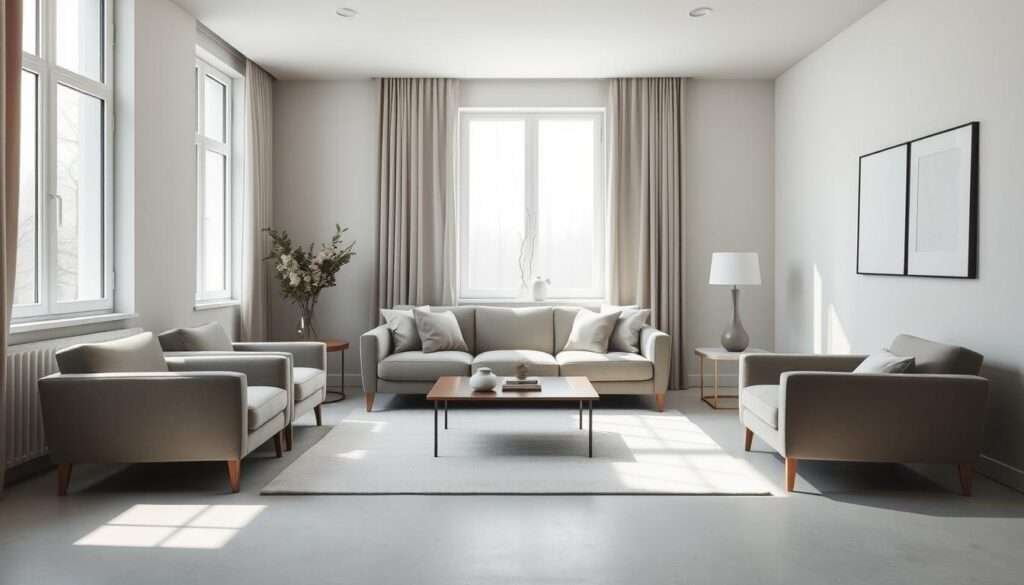 A cozy, minimalist living room bathed in a serene monochromatic palette. The space is flooded with soft, diffused natural light filtering through large windows, casting gentle shadows across the clean-lined furniture. A plush, low-profile sofa in a muted tone anchors the room, complemented by a pair of matching armchairs arranged in a conversational layout. A sleek, low-slung coffee table and a few carefully curated decorative accents complete the understated, yet inviting scene. The overall atmosphere exudes a sense of calm, tranquility, and simple elegance.