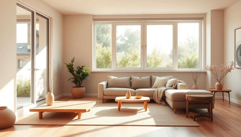 A cozy, minimalist living room bathed in natural light, with a large window offering serene views of a lush garden. Soft, earthy tones create a calming ambiance, accented by clean-lined, Scandinavian-inspired furnishings. A plush, neutral-colored sofa invites relaxation, while a low, wooden coffee table grounds the space. Warm, diffused light filters in, casting gentle shadows and highlighting the natural textures of the room. The overall atmosphere is one of tranquility and simplicity, perfect for a modern, relaxed lifestyle.