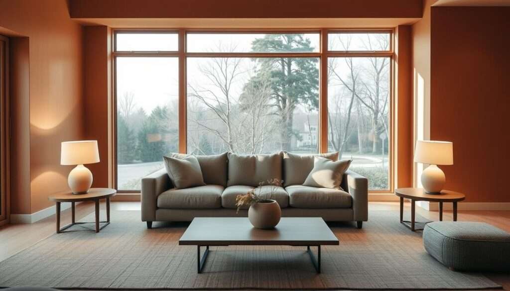 A cozy, minimalist living room bathed in warm, earthy tones. Soft, muted hues of ochre, terracotta, and olive green envelop the space, creating a tranquil and inviting ambiance. A plush, low-profile sofa in a neutral fabric anchors the room, complemented by sleek, wooden side tables and a minimalist coffee table. Soft, diffused lighting from a pair of table lamps casts a gentle glow, accentuating the natural textures of the space. Framed by large, unadorned windows, the room offers a serene view of the outdoors, blending the interior and exterior seamlessly. This harmonious, earth-toned sanctuary evokes a sense of warmth, comfort, and relaxation.