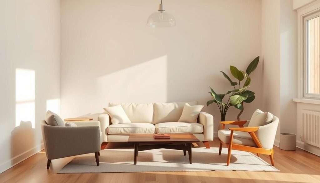 A cozy, minimalist living room bathed in warm, natural light. A soft, beige sofa with clean lines takes center stage, flanked by a pair of mid-century inspired accent chairs in a muted tone. A low, wooden coffee table grounds the space, its simple design complementing the overall aesthetic. In the corner, a tall, leafy plant adds a touch of greenery, while a neutral-toned area rug ties the room together. The walls are painted in a calming, off-white hue, allowing the natural light to bounce and create a serene, inviting ambiance. Soft, diffused lighting from a single pendant fixture overhead casts a gentle glow, enhancing the room's tranquil atmosphere.