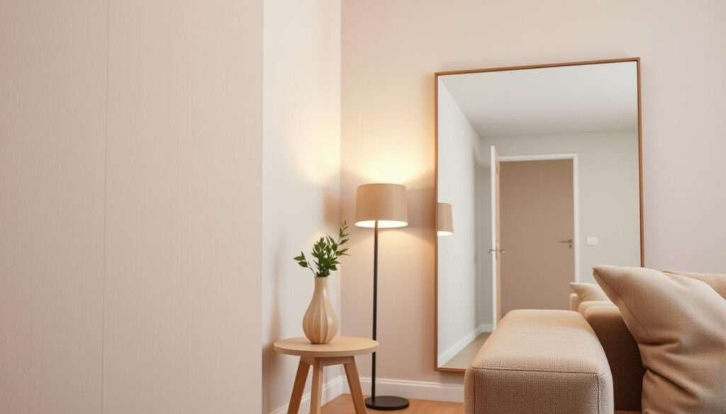 A cozy, minimalist living room in soft, natural tones. The foreground features a textured wall panel with subtle geometric patterns, adding depth and visual interest to the space. In the middle ground, a simple, angular side table with a decorative ceramic vase and a small, potted plant. Soft, diffused lighting from a floor lamp in the corner casts a warm glow, creating an intimate and inviting atmosphere. The background showcases a large, unframed mirror that reflects the light, making the space feel more open and airy. Angle the camera slightly upward to capture the sense of height and the interplay of textures and shadows.