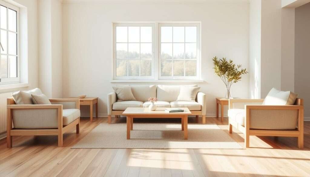 A cozy, minimalist living room layout with a low-profile sofa, two armchairs, and a coffee table arranged in a balanced, symmetrical pattern. The room is bathed in warm, natural lighting filtering through large windows, creating a sense of tranquility and spaciousness. The furnishings are made of light-colored wood and neutral-toned upholstery, adhering to a restrained, Scandinavian-inspired aesthetic. The layout avoids the "floating furniture" mistake, with all pieces grounded and positioned to maximize the available floor space. The room exudes a serene, uncluttered atmosphere, emphasizing simplicity and functionality.