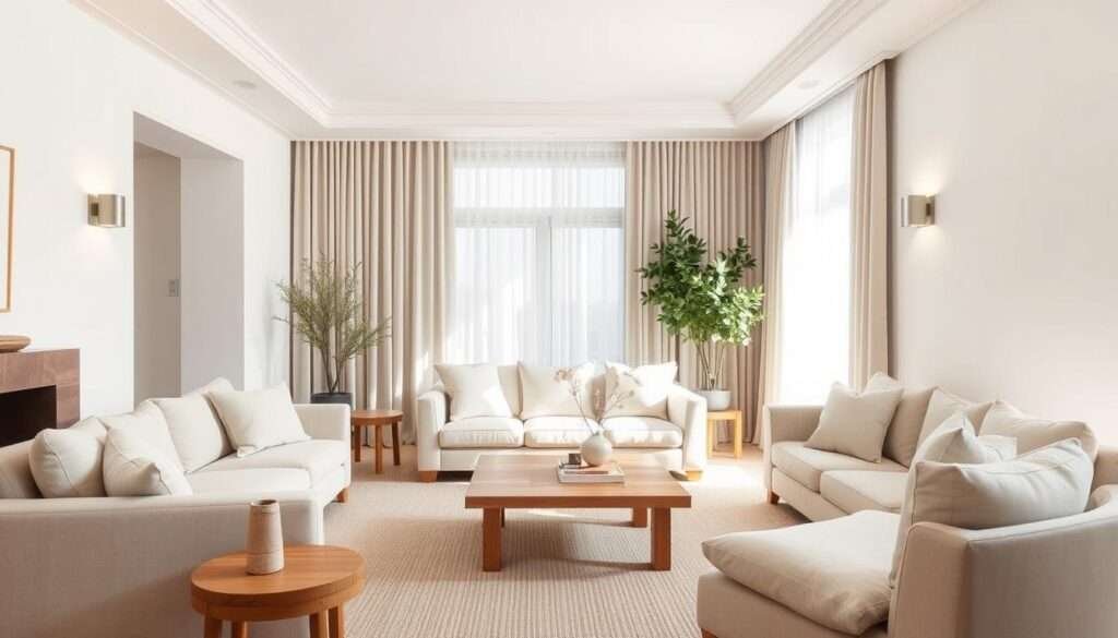 A cozy, minimalist living room with a cohesive neutral color palette. Soft white walls provide a serene backdrop, while plush beige sofas and armchairs create a comfortable seating area. A low-profile coffee table in natural wood tone anchors the space. Subtle textures, like the woven rug and linen curtains, add depth. Indirect lighting from sleek wall sconces casts a warm, ambient glow. Large windows admit plenty of natural daylight, illuminating the harmonious tones and clean lines. An overall sense of tranquility and balance pervades the room, optimizing the use of space through a well-curated, minimalist design.