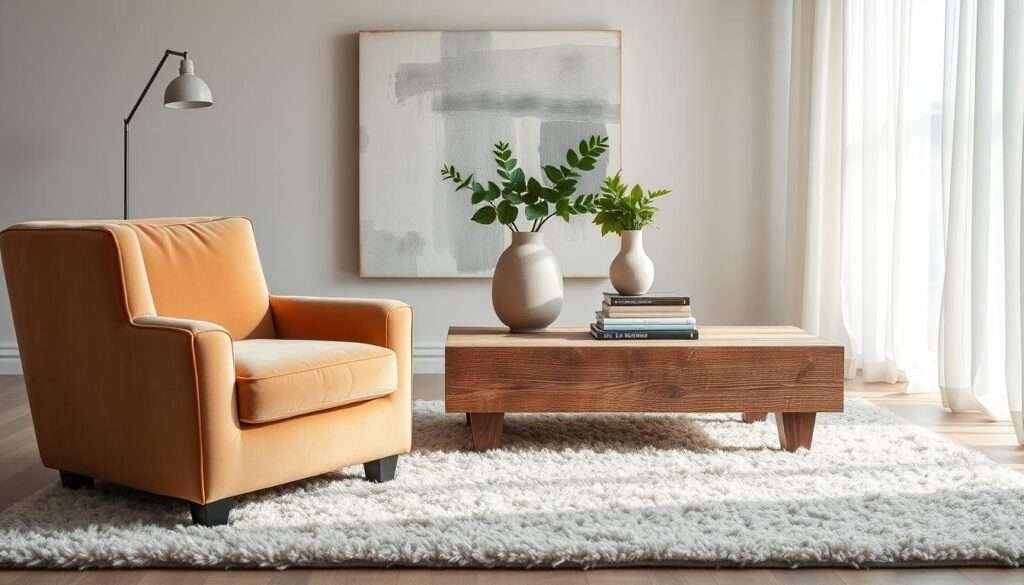 A cozy minimalist living room with a layered textural display. In the foreground, a plush velvet armchair in a warm neutral tone sits atop a fluffy wool area rug. The middle ground features a reclaimed wood coffee table, its weathered surface complemented by a stack of artfully arranged books and a ceramic vase holding lush greenery. Behind, the wall is adorned with an abstract canvas painting, its brushstrokes creating a captivating visual depth. Soft, diffused lighting from a floor lamp and natural sunlight through sheer curtains imbues the space with a tranquil, relaxed ambiance. The overall composition exudes a sense of refined simplicity and tactile harmony.