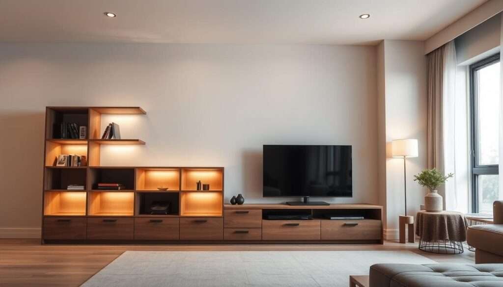 A cozy, minimalist living room with a modular, multifunctional furniture piece in the foreground. The piece features a sleek, wooden frame with multiple compartments, shelves, and a hidden TV stand. Soft, indirect lighting casts a warm glow, creating a serene and inviting atmosphere. In the background, clean-lined, neutral-toned walls and a large window bring in natural light, giving the space an airy, open feel. The overall composition emphasizes smart, space-saving design solutions for compact living areas.