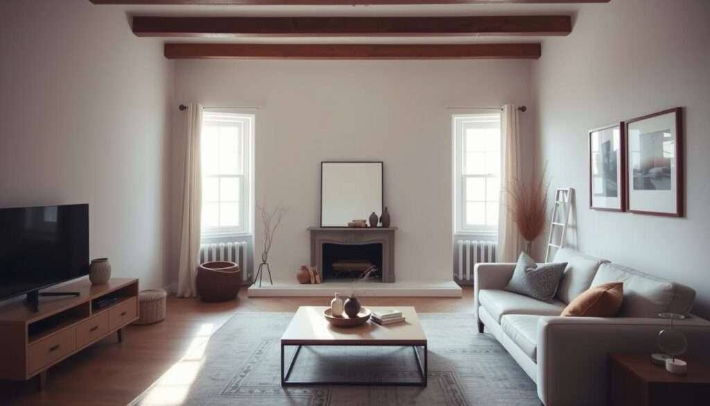 A cozy, minimalist living room with a strategically placed mirror on the far wall, creating the illusion of depth and space. The mirror is framed in a simple, modern design, its surface reflecting the natural light streaming in from large windows. The room is furnished with clean-lined, neutral-toned furniture, complemented by subtle, earthy accents. The overall atmosphere is one of calm, serenity, and a sense of openness, despite the small dimensions of the space.