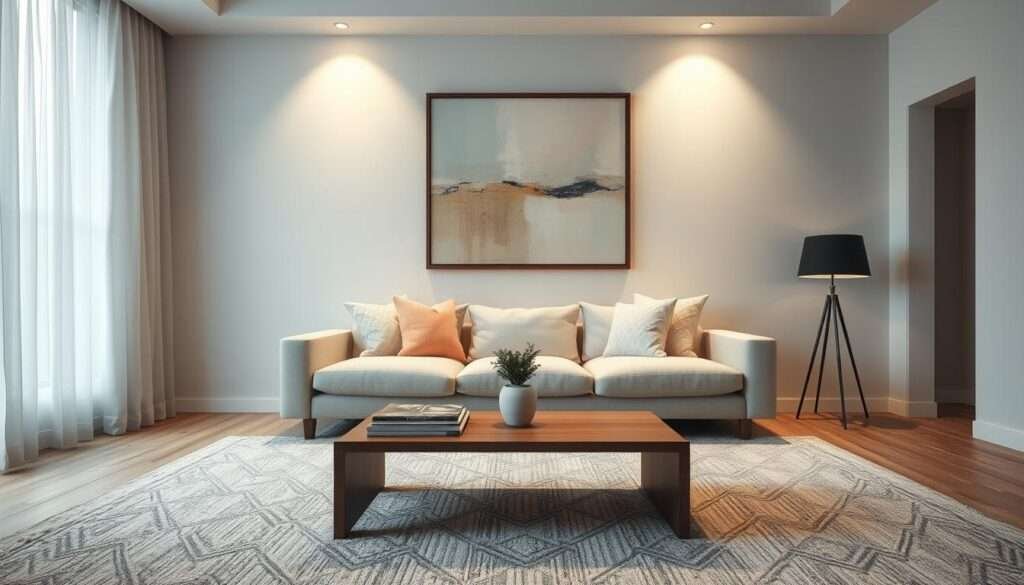 A cozy, minimalist living room with a subtle blend of patterns. In the foreground, a plush, neutral-toned area rug features a barely-there geometric design, adding depth and visual interest. Mid-ground, a low-profile, wooden coffee table is topped with a stack of magazines and a small potted plant. Hanging above, a large, framed abstract artwork casts a warm, ambient glow from its minimalist, recessed lighting. Soft, indirect lighting filters through sheer curtains, creating a calming, relaxed atmosphere. The overall effect is one of understated sophistication, where each design element complements the others to create a harmonious, inviting space.