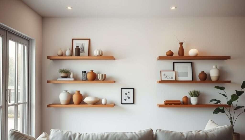 A cozy minimalist living room with an open shelving display showcasing a thoughtful arrangement of decorative items. Soft, diffused lighting from a large window casts a warm glow, highlighting the natural textures and muted tones. Floating wood shelves hold a curated selection of ceramic vases, framed artwork, and greenery, creating a visually balanced and harmonious composition. The clean lines and uncluttered aesthetic reflect the section's focus on blending storage and style in a minimalist space. A sense of calm and sophistication pervades the scene, inviting the viewer to imagine how this open shelving could complement their own living room design.