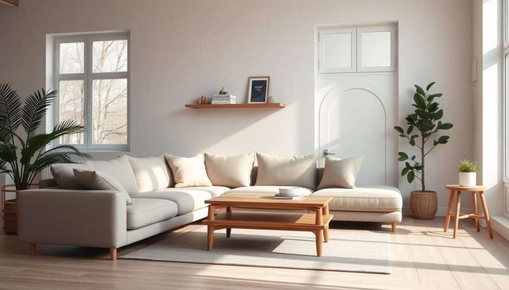 A cozy, minimalist living room with natural light streaming through large windows. A plush, L-shaped sofa in a muted neutral tone dominates the foreground, accompanied by a low wooden coffee table and a few carefully curated decor pieces. The middle ground features a potted plant and a simple, Scandinavian-inspired side table. In the background, a wall-mounted shelving unit displays a few books and decorative objects, creating a sense of depth and balance. The overall atmosphere is one of tranquility and understated elegance, inviting the viewer to imagine themselves relaxing in this serene space.