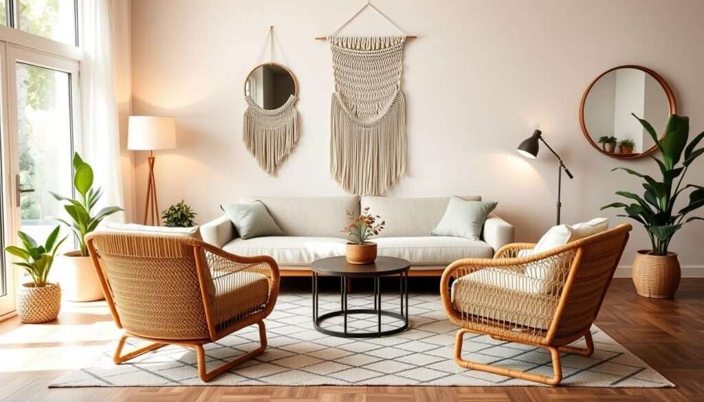 A cozy modern boho living room featuring a sleek minimalist sofa with clean lines and soft natural-tone upholstery, accented by a pair of rattan armchairs with woven backs. A geometric patterned area rug defines the space, while a macrame wall hanging and potted plants add organic, earthy elements. Warm indirect lighting from floor lamps and a wooden-framed mirror creates a relaxed, inviting ambiance. The overall aesthetic blends contemporary simplicity with rustic, handcrafted charm.