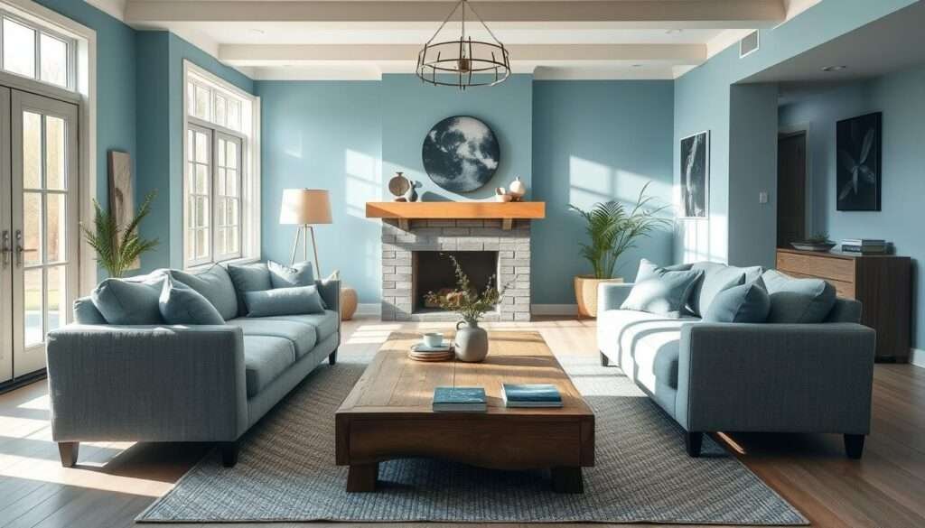 A cozy, modern farmhouse living room bathed in cool, calming blues. Soft, muted tones of cerulean and azure paint the walls, creating a serene and inviting atmosphere. Sunlight streams in through large windows, casting a gentle glow on the plush, oversized sofa and armchair, upholstered in textured fabrics. A chunky, wooden coffee table anchors the space, surrounded by a minimalist area rug in complementary shades. Subtle accent pieces, like a potted plant and artfully arranged books, add a touch of natural warmth. The overall effect is one of tranquility and refined elegance, perfect for a relaxing afternoon in the farmhouse.