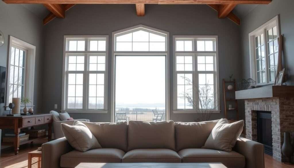 A cozy, modern farmhouse living room with natural light streaming through large windows. The walls are painted in a soft, muted blue-gray hue, creating a calming and inviting atmosphere. The color palette is complemented by warm wooden accents, including exposed beams and a rustic coffee table. In the foreground, a plush, neutral-toned sofa is positioned to maximize the view of the serene outdoor scenery beyond the windows. The overall scene radiates a sense of tranquility and comfort, perfectly capturing the essence of a cozy farmhouse living space.