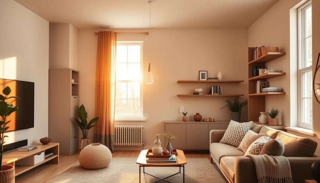 A cozy, modern living room with minimalist IKEA built-in storage solutions. A warm, golden light filters through the large windows, casting a soft glow on the clean lines of the custom wall cabinets and shelves. The space is uncluttered, with a focus on functionality and visual harmony. Carefully curated decor, including potted plants and natural textures, adds a touch of hygge. The camera captures the room from a slightly elevated angle, showcasing the efficient use of vertical space and the overall sense of calm and balance.