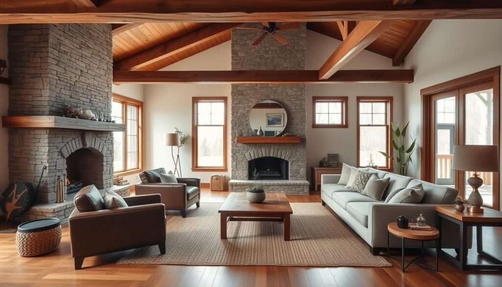 A cozy modern rustic living room with a large stone fireplace, exposed wooden beams, and warm hardwood floors. The room is bathed in soft, diffused natural lighting from large windows, creating a serene and inviting atmosphere. Plush leather armchairs and a neutral-toned sectional sofa invite relaxation, while rustic accents like a woven area rug and wooden side tables add depth and character. The overall vibe is one of warmth, comfort, and refined simplicity.