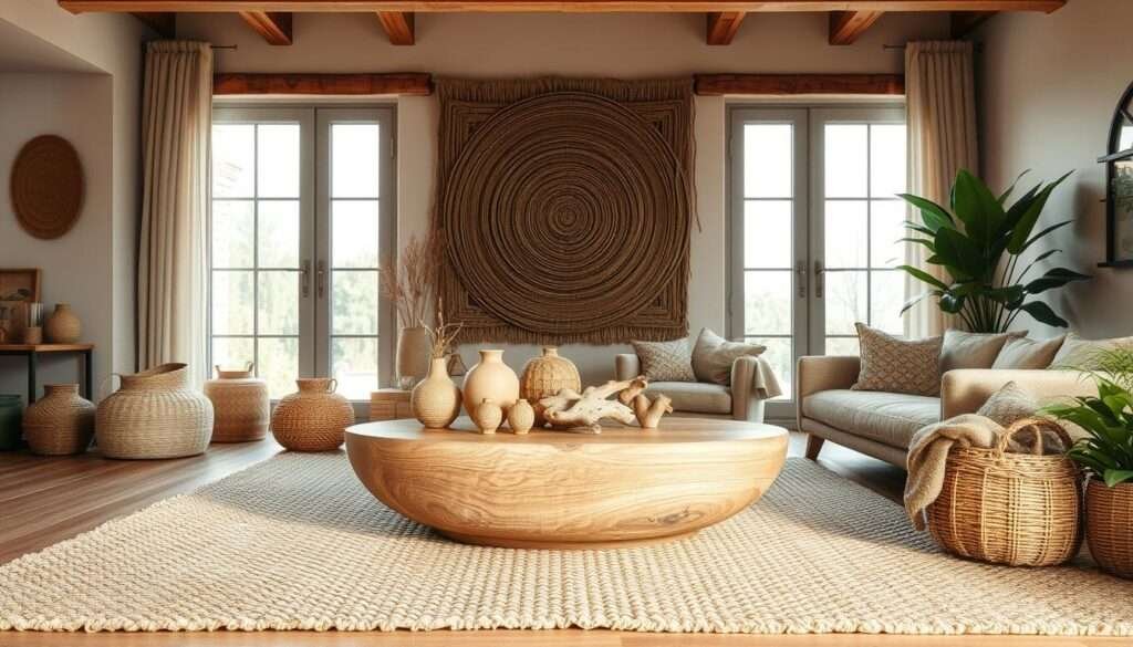 A cozy, natural living room scene with various textures and materials that ground the space in nature. In the foreground, a plush, earthy-toned area rug with a woven, organic pattern. Arranged atop it, a low, wooden coffee table with a smooth, rounded edge and a subtle, knotty grain. Surrounding it, a collection of natural accents like woven baskets, ceramic vases, and driftwood sculptures. In the middle ground, floor-to-ceiling windows allowing ample natural light to pour in, illuminating the space with a soft, warm glow. Behind them, a feature wall adorned with a large, textural piece of natural wall art, perhaps made of jute or rattan. The overall mood is one of tranquility and harmony, where the interplay of natural materials and textures create a serene, biophilic oasis.