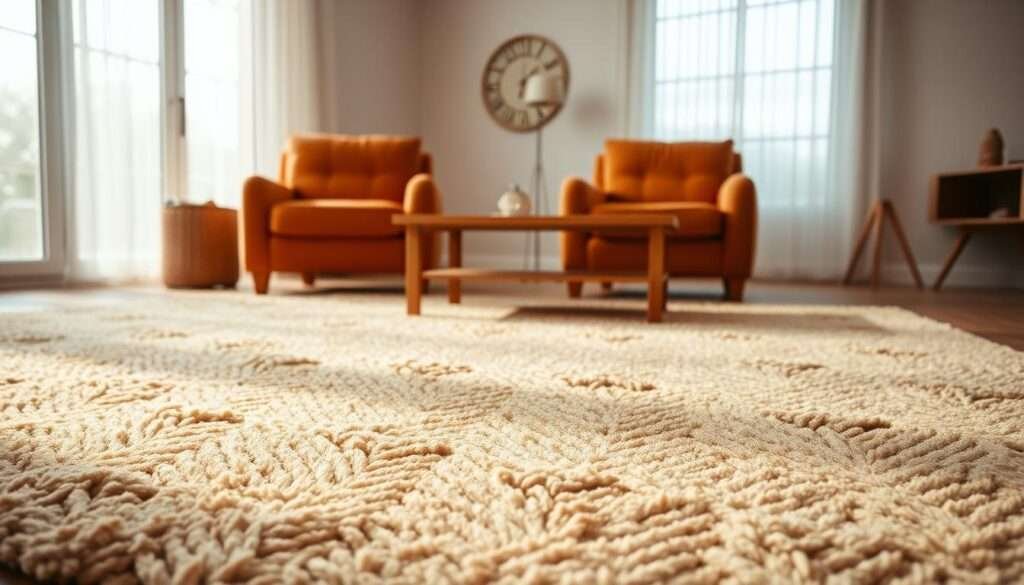 A cozy, plush area rug in a warm, neutral beige tone with a subtle herringbone pattern. The rug fills the foreground, its soft texture and natural fibers inviting bare feet to sink in. Gentle light from a large window bathes the rug in a soft, diffused glow, creating a sense of calm and comfort. The middle ground features a pair of overstuffed armchairs in a complementary tan upholstery, positioned to create an intimate seating area. In the background, a wooden coffee table with clean, minimalist lines anchors the space, its surface reflecting the warm tones of the rug. An overall feeling of relaxation and hygge pervades the scene, setting the stage for a cozy living room experience.