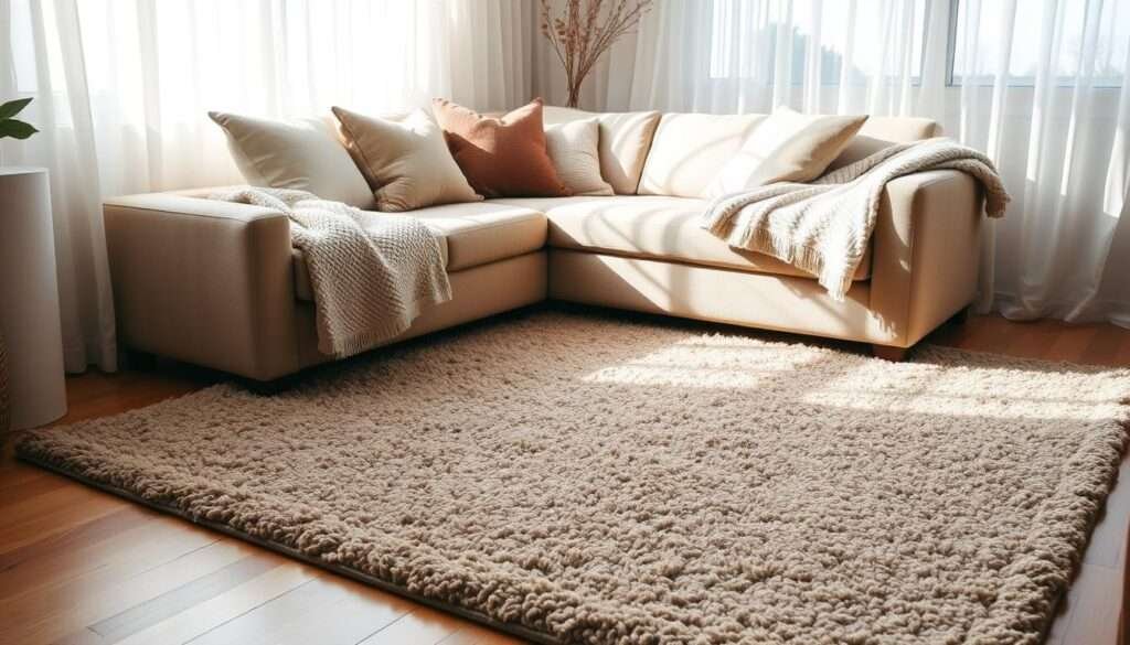A cozy, plush area rug with a geometric pattern in muted, earthy tones. The rug is placed on a warm, wooden floor, casting soft shadows. Sunlight filters through sheer curtains, creating a gentle, inviting ambiance. The rug's textured surface adds depth and dimension to the space, seamlessly blending with complementary throw pillows and a cozy knit blanket draped over a comfortable, neutral-toned sofa. The overall scene exudes a sense of warmth, comfort, and effortless style, perfect for a cozy small living room.