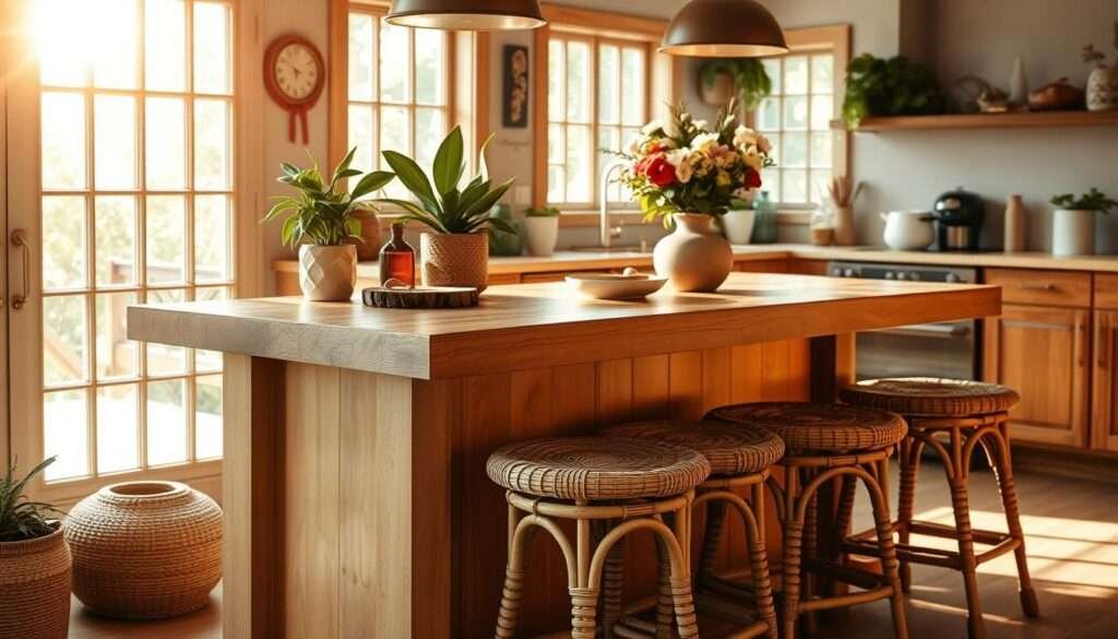 A cozy rattan stool island, bathed in warm, natural light streaming through large windows. The rattan stools, with their intricately woven patterns, invite guests to gather and converse, creating a welcoming, boho-chic atmosphere. The island's wooden top provides a sturdy, rustic surface, complemented by the soft, organic textures of the rattan. Potted plants and a vase of fresh flowers add a touch of greenery, while the overall composition emanates a sense of relaxed sophistication, perfectly suited for a charming, bohemian-inspired kitchen.
