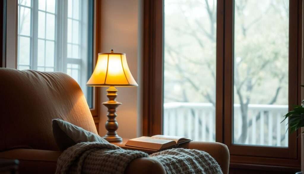 A cozy reading nook illuminated by a warm, glowing lamp. The lamp, with a soft, amber-tinted glass shade, casts a gentle, inviting light across the nook, creating a soothing ambiance. The lamp stands on a polished wooden side table, nestled between plush, oversized armchair and a cozy throw blanket. The nook is situated in a corner of the living room, with a large window behind it, allowing natural light to filter in during the day. The overall scene conveys a sense of comfort, relaxation, and a perfect setting for curling up with a good book.