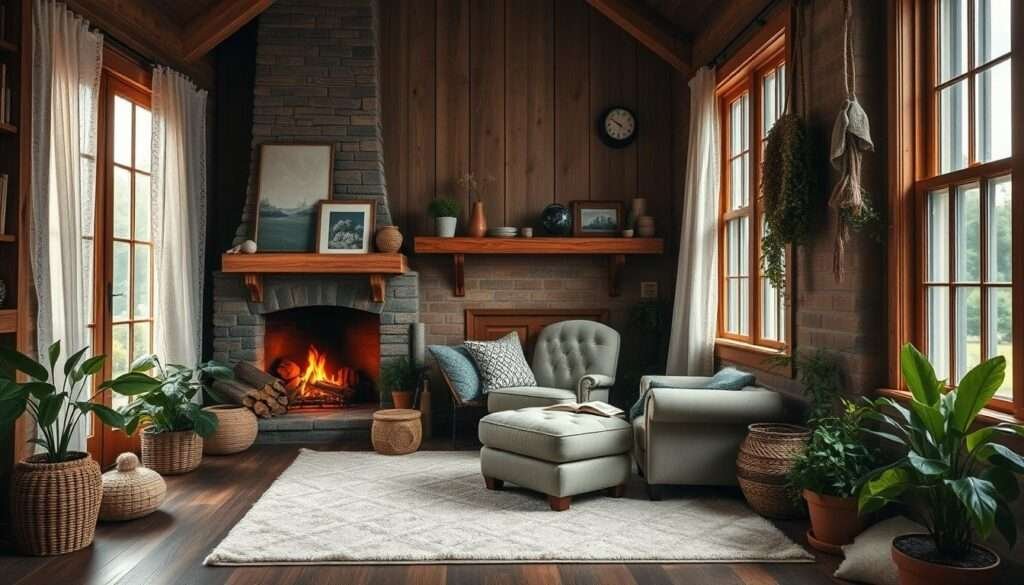 A cozy reading nook nestled in the corner of a farmhouse-inspired living room, warmed by a roaring fireplace. Soft light filters through lace curtains, casting a gentle glow on the plush armchair and ottoman, inviting you to curl up with a good book. The space is adorned with rustic wood accents, a plush rug, and lush potted plants, creating a serene and inviting atmosphere. The high ceilings and large windows lend an airy, open feel, while the intimate seating arrangement fosters a sense of comfort and retreat. This is a space designed for relaxation, quiet contemplation, and the simple pleasures of a cozy afternoon.