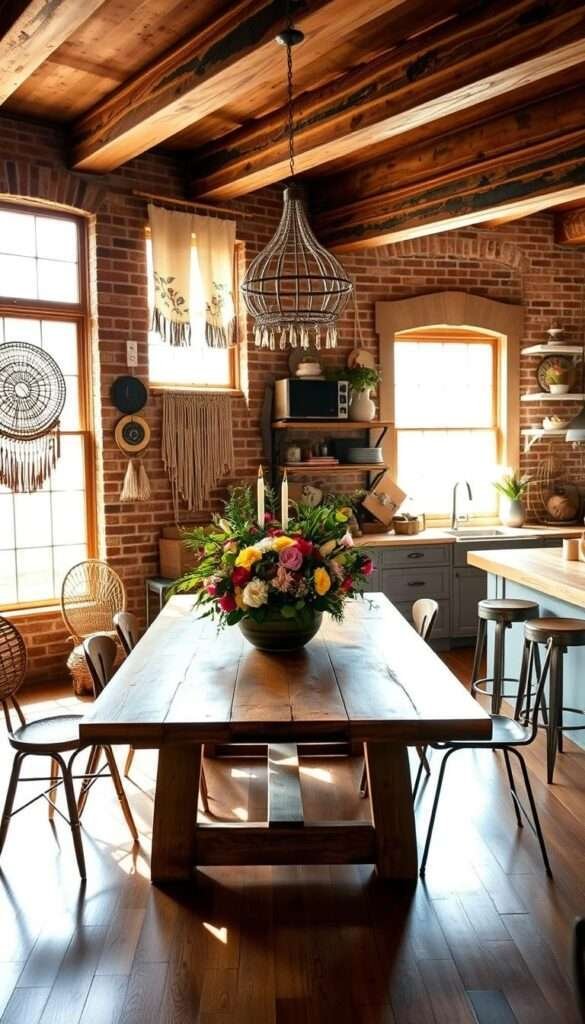 A cozy, rustic boho farmhouse kitchen, bathed in warm, natural light streaming through large windows. The focal point is a farmhouse-style wooden table, adorned with a vibrant, boho-inspired floral centerpiece. Surrounding the table, a mix of vintage and industrial-style chairs, some with woven rattan accents. The walls feature exposed brick and reclaimed wooden beams, complemented by bohemian-inspired wall hangings and macrame decor. In the background, a vintage-inspired kitchen island with a butcher block countertop, accented by sleek metal stools. The space is infused with a harmonious blend of organic textures, earthy tones, and a touch of industrial flair, creating a visually striking and inviting atmosphere.