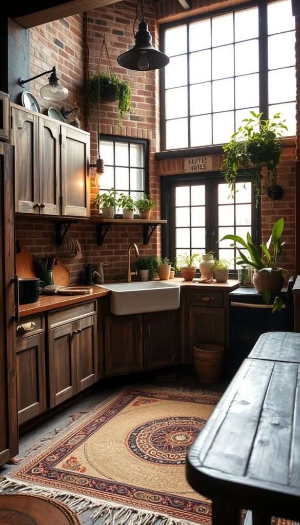 A cozy, rustic boho kitchen with a lived-in, industrial-chic aesthetic. Weathered wood cabinets and exposed brick walls create a warm, textured backdrop. A farmhouse-style sink and vintage-inspired light fixtures add rustic charm. Antique brass hardware, a handwoven area rug, and lush potted plants bring in natural, bohemian elements. Soft, diffused lighting filters in through large windows, casting a golden glow over the space. The overall scene evokes a sense of relaxed, eclectic comfort - a perfect blend of old-world character and modern, bohemian flair.