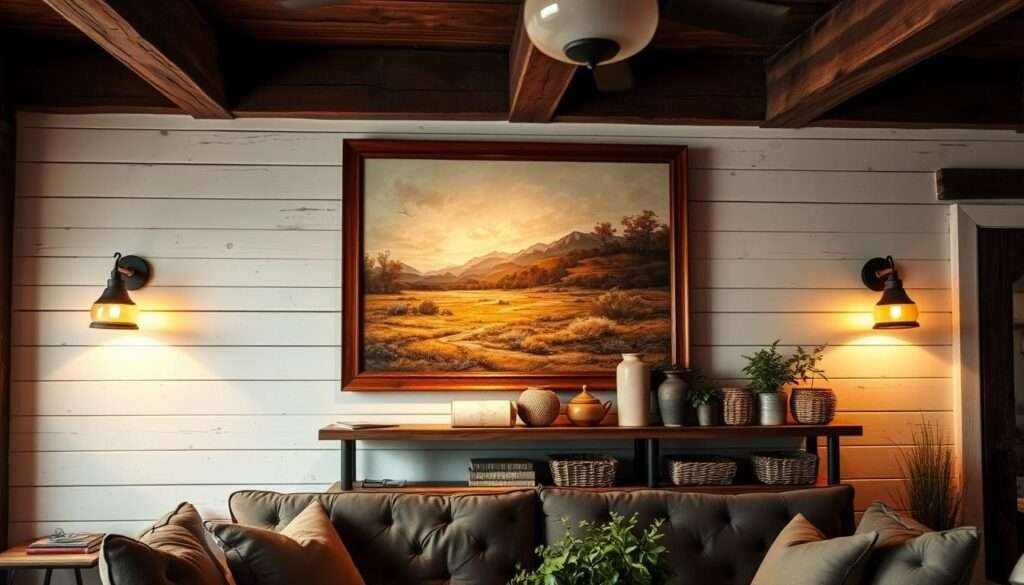 A cozy rustic farmhouse living room wall, dimly lit by warm sconces casting a soft glow. In the foreground, a large wooden frame anchors a vintage landscape painting, its earthy tones complementing the weathered furniture. In the middle ground, a wooden shelf displays an artful arrangement of potted plants, antique vases, and woven baskets, creating visual interest and depth. The background features exposed wooden beams and whitewashed shiplap walls, exuding a sense of timeless charm. The overall atmosphere is one of relaxed, inviting ambiance, where the artwork seamlessly integrates with the surrounding furnishings.