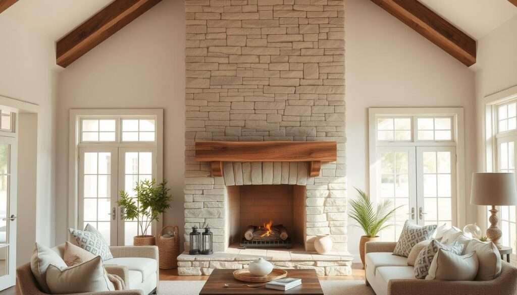 A cozy, rustic farmhouse living room with a stunning stone fireplace as the focal point. The fireplace features a shiplap mantel and paneled surround, creating a warm and inviting atmosphere. Soft, natural light filters in through large windows, illuminating the space. The room is decorated with neutral tones, natural textures, and simple yet elegant furnishings, reflecting the bright and timeless style of the farmhouse aesthetic. The fireplace is the centerpiece, drawing the eye and setting the tone for the entire living area.