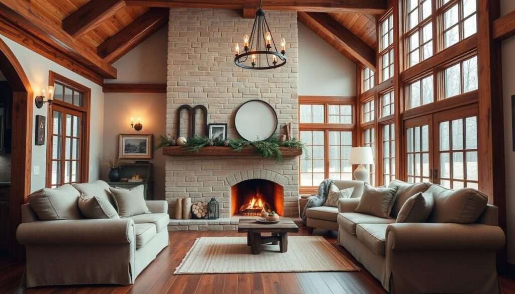 A cozy, rustic farmhouse living room with a warm, inviting fireplace as the focal point. Hardwood floors and exposed wood beams create a charming, country-chic ambiance. Plush, neutral-toned furniture, including a deep, overstuffed sofa and armchair, are arranged around the fireplace, inviting relaxation. The fireplace mantel is adorned with natural elements like fresh greenery, pine cones, and wooden accents, emanating a sense of seasonal coziness. Soft, diffused lighting from wall sconces and a pendant chandelier above casts a gentle glow, enhancing the room's intimate, welcoming atmosphere. Tall, multipaned windows allow natural light to flood the space, lending an airy, bright quality to the scene.