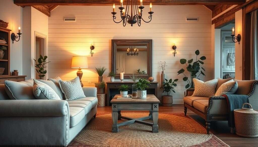 A cozy, rustic farmhouse living room with warm lighting and natural textures. In the foreground, a plush, overstuffed sofa with neutral-toned upholstery and fluffy throw pillows invites relaxation. On the floor, a woven area rug adds a touch of farmhouse charm. In the middle ground, a wooden coffee table with distressed finish stands amidst potted plants and a vintage-inspired table lamp. Along the back wall, shiplap paneling and a large, framed mirror create an airy, open feel. Soft, ambient lighting from sconces and a central chandelier cast a cozy glow throughout the space. The overall atmosphere is one of rustic elegance and comfortable, lived-in charm.