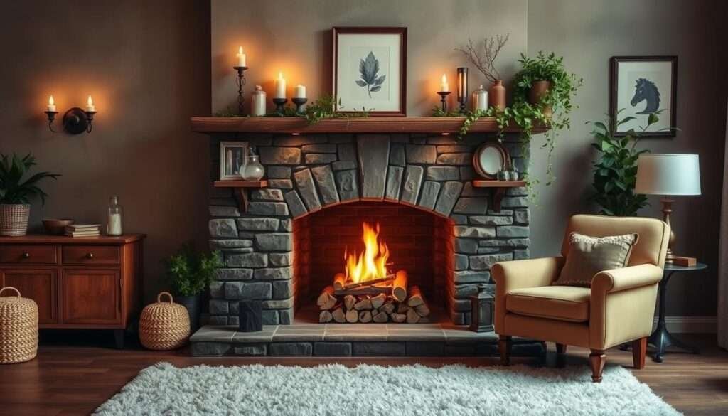 A cozy, rustic faux fireplace set against a warm, inviting living room backdrop. The focal point is a handsome stone or brick mantelpiece, adorned with decorative candles, vintage trinkets, and lush greenery. Soft lighting from wall sconces and a tabletop lamp casts a golden glow, creating a intimate, relaxed atmosphere. In the foreground, a plush rug and comfy armchair invite you to curl up and enjoy the ambiance. The overall scene evokes a sense of timeless charm and effortless elegance, perfect for a weekend DIY project.