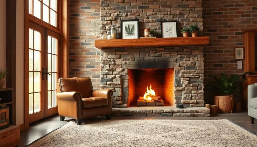 A cozy, rustic fireplace in a warm, inviting living room. In the foreground, a well-worn leather armchair and a plush, textured rug create a comfortable seating area. The fireplace, crafted from weathered stone, is the focal point, its flickering flames casting a soft, amber glow throughout the space. Wooden mantel shelves display a collection of candles, framed artwork, and small potted plants. Behind the fireplace, a statement-making brick wall extends to the ceiling, adding depth and texture. Soft, natural lighting filters in through large windows, illuminating the room and creating a serene, relaxing atmosphere. The overall scene evokes a sense of cozy, rustic charm, perfect for a cozy living room.