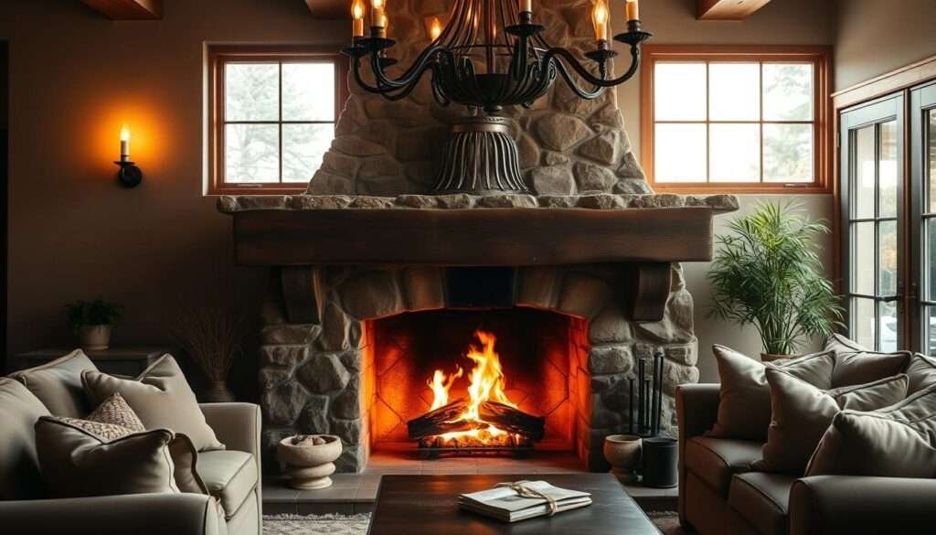 A cozy, rustic fireplace nestled in a warm, inviting living room. The fireplace is crafted from weathered stone, with a mantel of dark, polished wood. Flickering flames dance inside, casting a warm, golden glow that illuminates the space. Plush, neutral-toned furnishings surround the fireplace, creating a serene and comfortable atmosphere. Soft lighting from sconces on the walls and a large, ornate chandelier overhead add to the intimate, inviting ambiance. The scene is bathed in a gentle, natural light that filters in through large windows, creating a harmonious blend of natural and artificial illumination. The overall impression is one of timeless elegance and effortless charm.
