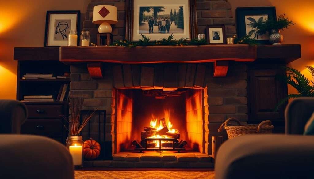 A cozy, rustic fireplace set against a backdrop of a warm, inviting living room. The fireplace is the focal point, with a crackling fire casting a soft, ambient glow throughout the space. The mantel is adorned with tasteful decor, such as a mix of candles, greenery, and framed artwork. The room is bathed in a golden hue from the firelight, creating a soothing and relaxing atmosphere. The scene is captured from a slightly low angle, emphasizing the inviting nature of the fireplace and drawing the viewer into the cozy, comfortable setting. The overall composition is well-balanced, with attention to detail and a focus on creating a visually appealing and atmospherically captivating image.
