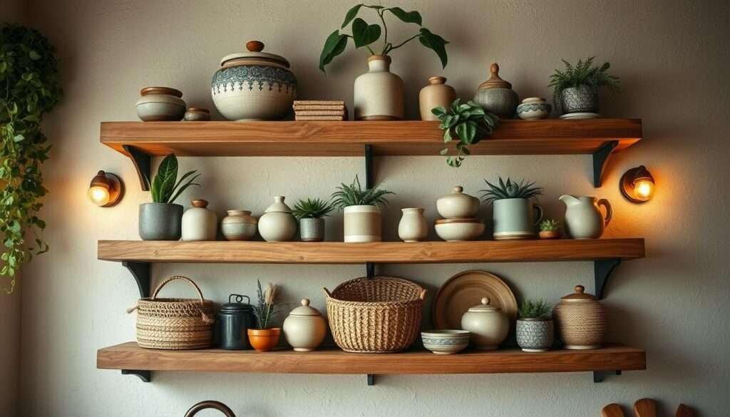 A cozy, rustic kitchen boasting a set of open shelves adorned with a stylish boho flair. The shelves are made of natural wood, with a weathered, distressed finish that adds character. An assortment of ceramics, plants, and woven baskets are carefully arranged, creating a harmonious, earthy display. Warm, soft lighting emanates from subtle sconces, casting a gentle glow and inviting ambiance. The shelves are positioned against a neutral, textured wall, allowing the natural elements to take center stage. The overall scene reflects a sense of intentional, lived-in charm, perfect for a casual, cozy kitchen space.