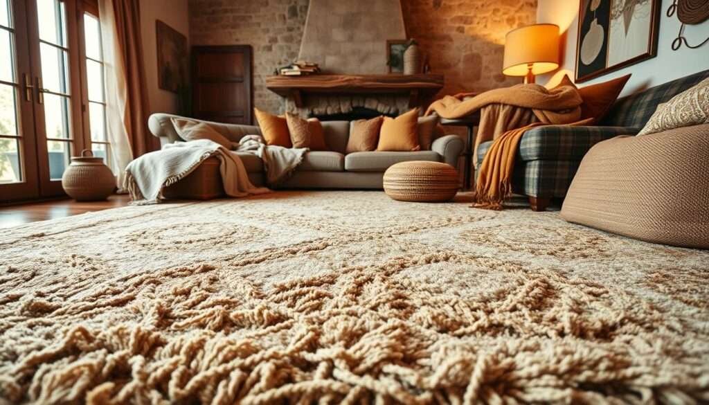 A cozy, rustic living room with a large, plush rug as the focal point. The rug has a natural, earthy base in warm shades of beige and tan, with intricate patterns and textures woven throughout. Soft, layered throws and pillows in complementary hues of brown, cream, and ochre add depth and dimension, creating a grounded, inviting atmosphere. The room is bathed in warm, soft lighting, casting a gentle glow and highlighting the textural elements of the rug. The camera angle is low, capturing the rug's expansive presence and the cozy, enveloping feel of the space.