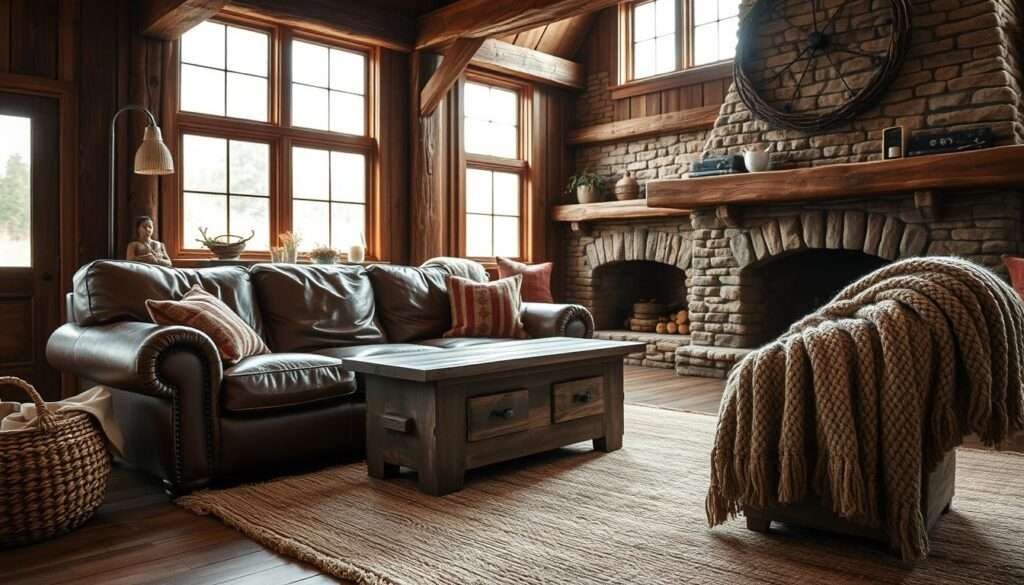 A cozy, rustic living room with a warm, inviting ambiance. In the foreground, a plush, overstuffed leather sofa with worn, distressed details, complemented by a sturdy, weathered wooden coffee table. Soft, natural lighting filters in through large windows, casting a gentle glow and highlighting the room's earthy tones. The walls feature exposed wooden beams and a stone fireplace, creating a sense of timeless charm. Textured, neutral-colored area rugs and plush, knitted throw blankets add to the room's inviting, farmhouse-inspired aesthetic. The overall atmosphere is one of comfort, relaxation, and a touch of rustic elegance.