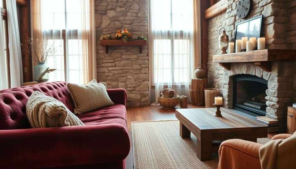 A cozy, rustic living room with warm, textured fabrics. The foreground features a plush, tufted velvet sofa in a deep burgundy hue, accented with chunky knit throw pillows in earthy tones. In the middle ground, a hand-woven area rug in neutral shades of beige and tan anchors the space, while a reclaimed wood coffee table with a distressed finish adds to the rustic ambiance. The background showcases a stone fireplace with a mantel adorned with natural elements like dried flowers and wooden candle holders, casting a soft, flickering glow throughout the room. The lighting is natural, filtered through sheer curtains that frame the large windows, creating a inviting, relaxed atmosphere.