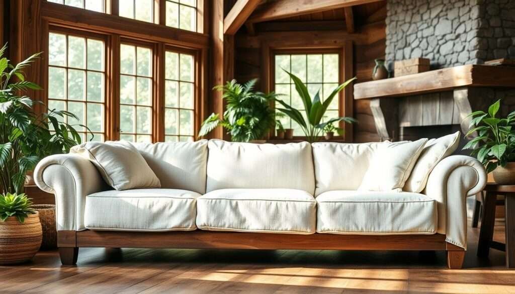 A cozy, slip-covered farmhouse sofa anchors a warm, inviting living room. The soft, textured slipcover in a neutral off-white hue creates a casual, lived-in vibe. Sunlight filters through large, wood-framed windows, casting a gentle glow across the plush cushions. Weathered wood beams and a rustic stone fireplace provide a rustic backdrop, while lush greenery from potted plants adds a touch of nature. The sofa is positioned centrally, inviting visitors to sink in and relax. Subtle distressing on the wood frame adds to the sofa's timeless, vintage charm. An overall sense of comfort and durability emanates from this farmhouse-inspired living space.