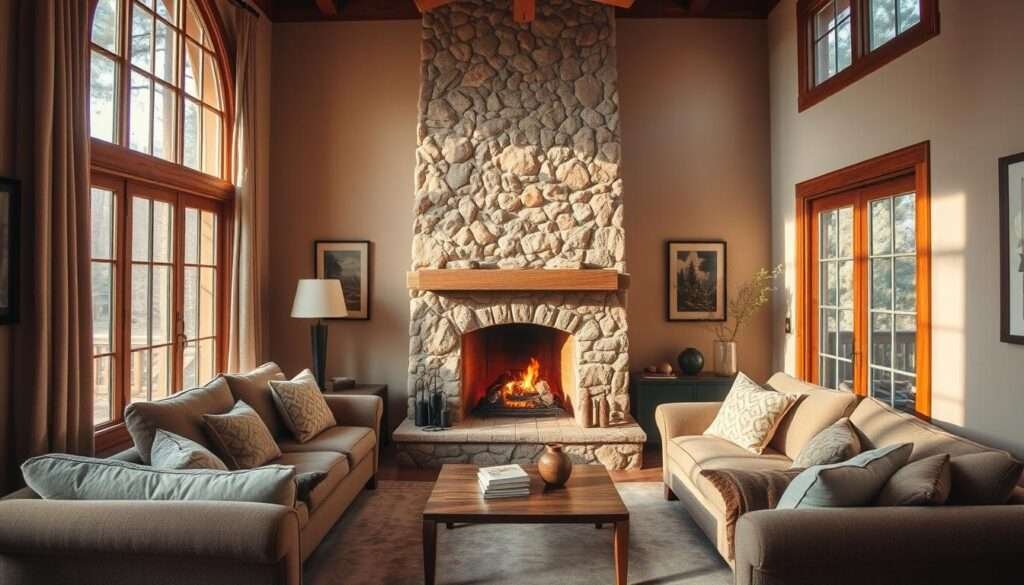 A cozy small living room bathed in warm, natural light streaming through large, inviting windows. The room's focal point is a magnificent stone fireplace, its crackling flames casting a soft, inviting glow. Plush, inviting seating surrounds the fireplace, drawing the eye inward. Subtle, earthy tones and textures create a soothing, calming atmosphere, while carefully placed decorative elements add visual interest without crowding the space. The overall impression is one of relaxation and comfort, with the fireplace as the undisputed centerpiece.