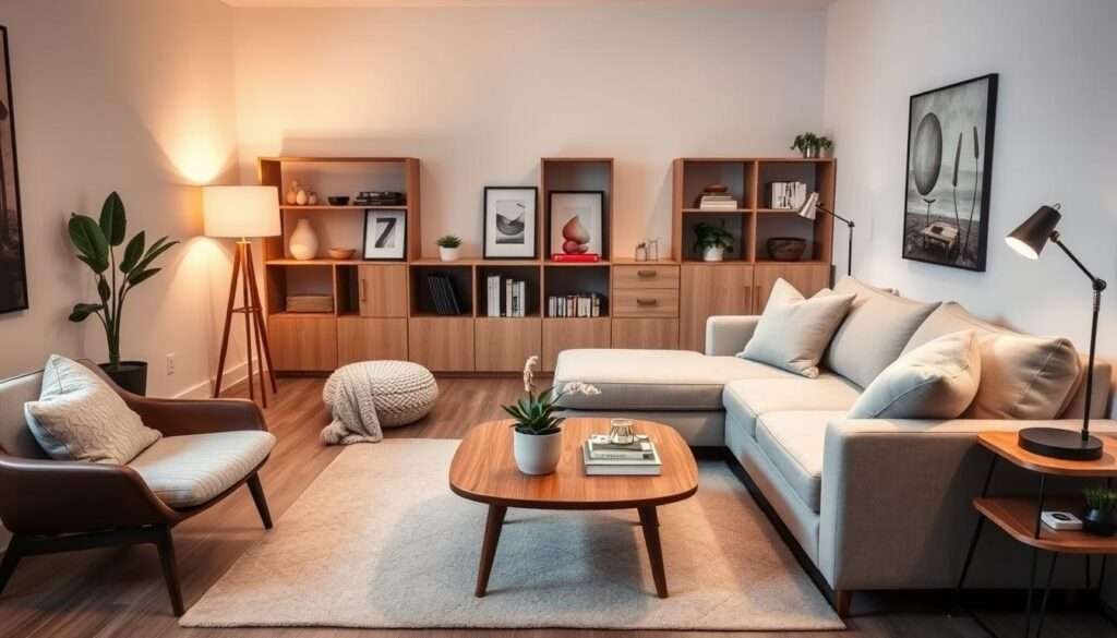 A cozy small living room layout with a focus on maximizing comfort and functionality. In the foreground, a plush L-shaped sectional sofa with soft throw pillows and a knitted blanket, inviting relaxation. In the middle ground, a mid-century modern coffee table with a potted plant and a few decorative items. The background features a minimalist wall unit with open shelving, displaying books, framed artwork, and personal trinkets. Warm, diffused lighting from a pair of table lamps casts a gentle glow, creating a calming ambiance. The room is spacious yet intimate, with clean lines and a neutral color palette of beige, gray, and natural wood tones, evoking a sense of hygge.