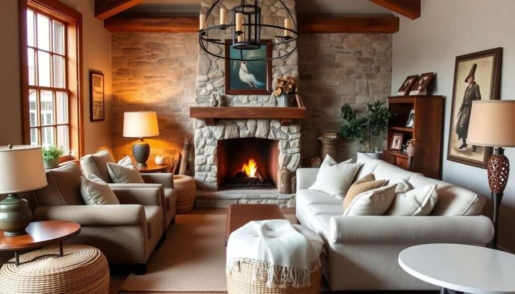 A cozy small living room with a charming fireplace as the focal point. The fireplace is framed by a rustic stone mantel, casting a warm, inviting glow. Plush armchairs and a loveseat are arranged around the hearth, creating an intimate conversation area. Soft lighting from table lamps and a chandelier overhead adds to the relaxed ambiance. The room is filled with natural textures like wood and woven accents, complemented by muted earth-toned fabrics. Large windows allow natural light to stream in, accentuating the cozy, hygge-inspired atmosphere. The overall scene evokes a sense of comfort and contentment, perfect for a relaxing evening by the fire.