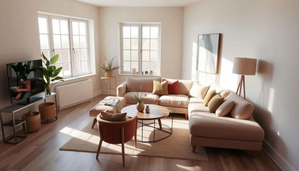 A cozy small living room with a plush, low-profile sectional sofa in a warm neutral tone. The sectional has clean, modern lines and a cozy, inviting appearance, taking up minimal space while providing ample seating. The room is bathed in soft, natural light filtering through large windows, creating a serene, relaxing atmosphere. The sectional is positioned to create a comfortable conversation area, complemented by a few accent chairs and a simple coffee table. The walls are painted in a soothing, muted color palette, and the room is accented with natural textures and minimal decor, giving it a refined, uncluttered feel.
